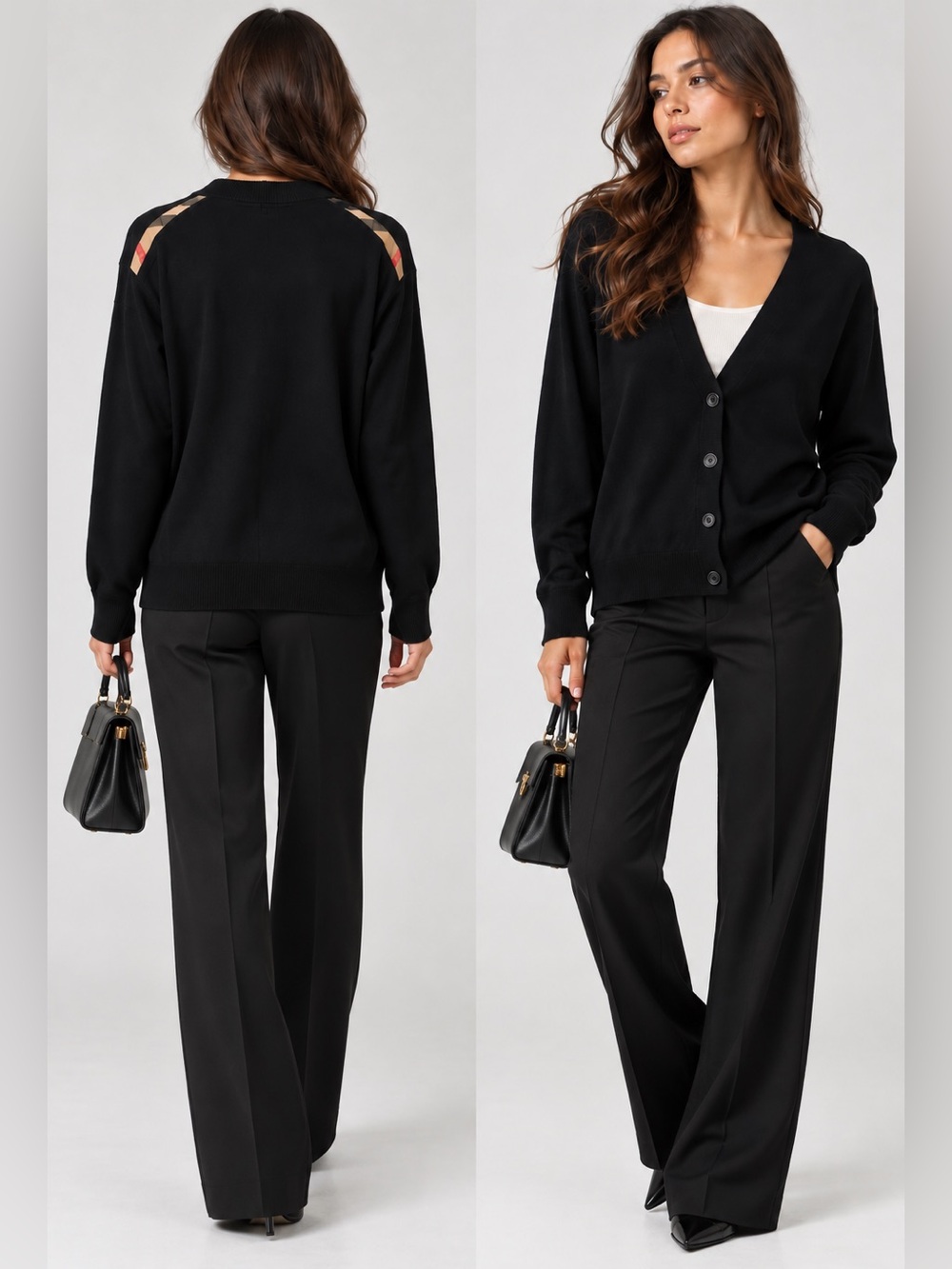 BURBERRY “Tulip” Black Wool Cardigan with Iconic Check Shoulder Accents NWT